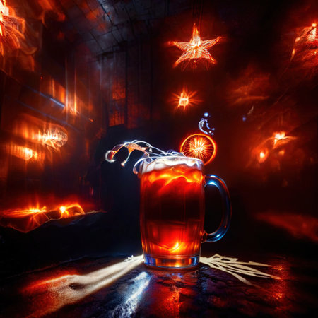 beer mug alcholic drink in bar, psychadelic glowing aura light streaksの素材