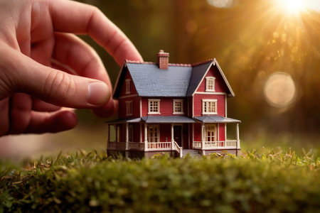 Home property ownership and dreams, represented by hand holing toy houseの素材
