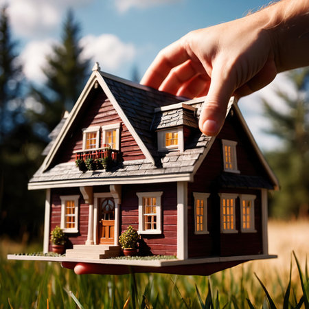 Home property ownership and dreams, represented by hand holing toy houseの素材
