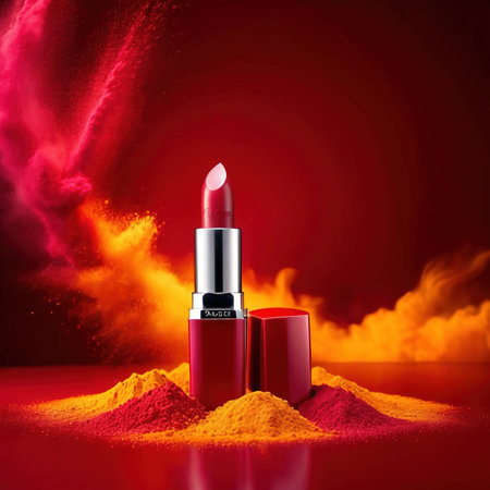Lipstick commercial photography with explosion of red and yellow dustの素材
