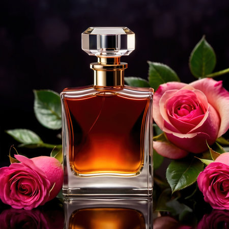 Product photography of luxurious perfume bottle with rosesの素材