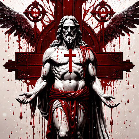 Religious christian iconography illustration of Jesus on a cross, black and red illusrationの素材