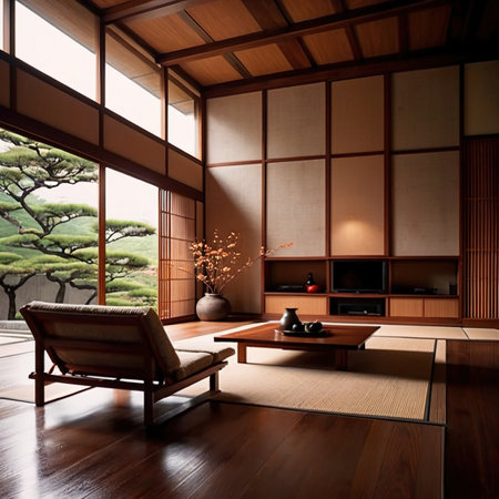 Zen living room, japanese style architecture, modern and openの素材