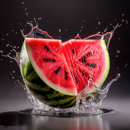 Watermelon fruit slice, dynamic food with water splash explosionの素材