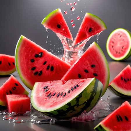 Watermelon fruit slice, dynamic food with water splash explosionの素材