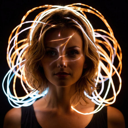 Woman thinking, creativity and inspiration, shown by light painting around headの素材