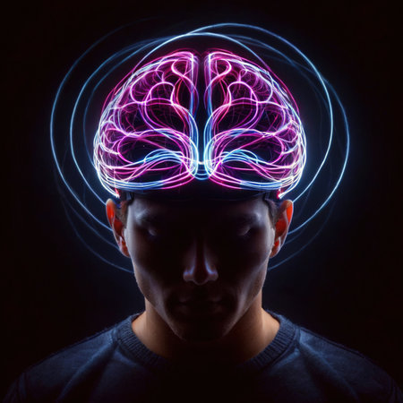 Deep thinking and intense mental activity, shown by light streaks around brainの素材