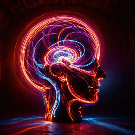 Deep thinking and intense mental activity, shown by light streaks around brainの素材