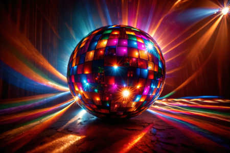 Disco ball, party light accessory, bright glowing sparkling sphereの素材