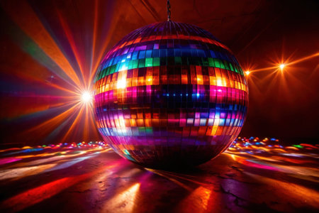 Disco ball, party light accessory, bright glowing sparkling sphereの素材