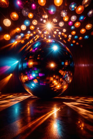 Disco ball, party light accessory, bright glowing sparkling sphereの素材