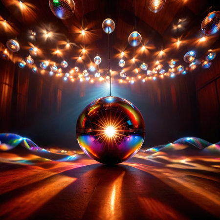 Disco ball, party light accessory, bright glowing sparkling sphereの素材