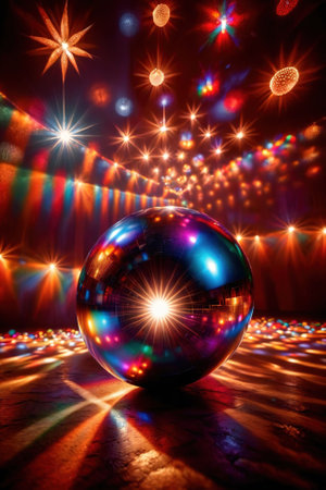 Disco ball, party light accessory, bright glowing sparkling sphereの素材