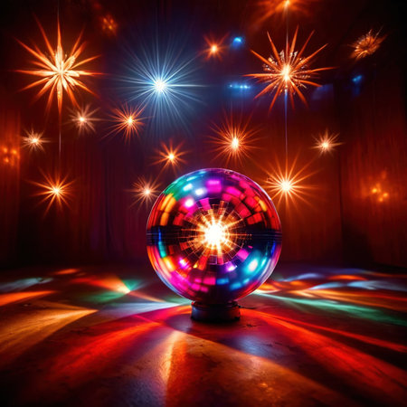 Disco ball, party light accessory, bright glowing sparkling sphereの素材