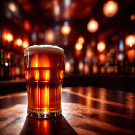 Glass of beer in a dimly light, cozy atmospheric welcoming barの素材