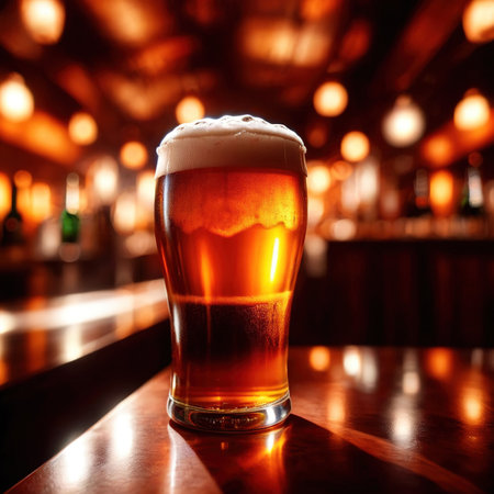 Glass of beer in a dimly light, cozy atmospheric welcoming barの素材