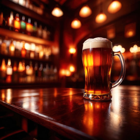 Glass of beer in a dimly light, cozy atmospheric welcoming barの素材