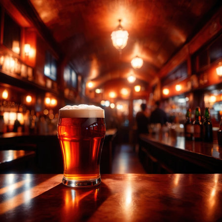 Glass of beer in a dimly light, cozy atmospheric welcoming barの素材