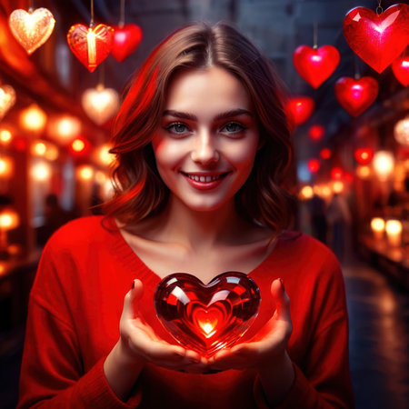 Smiling young woman offering her heart, opportunity for love and romanceの素材