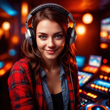 Smiling young femal dj working at dj equipment booth in club, with party lightsの素材