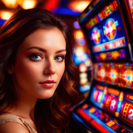 Smiling friendly young woman in casino, gambling business, dim lightsの素材