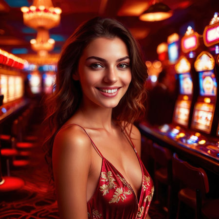 Smiling friendly young woman in casino, gambling business, dim lightsの素材