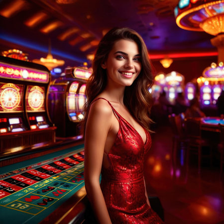Smiling friendly young woman in casino, gambling business, dim lightsの素材