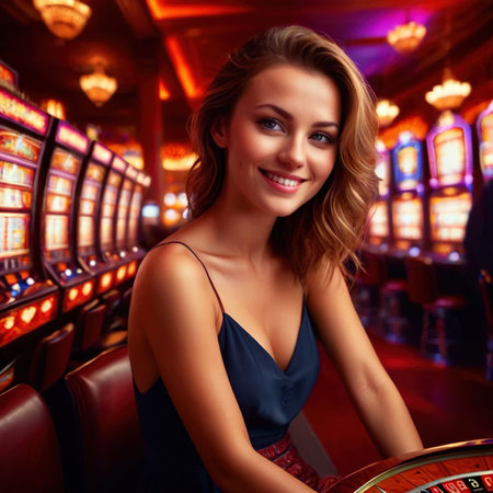 Smiling friendly young woman in casino, gambling business, dim lightsの素材