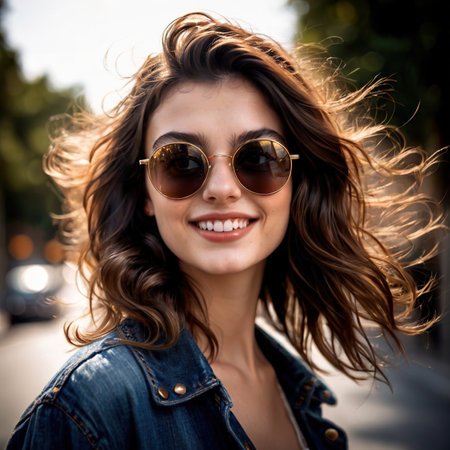 woman wearing Sunglasses (smiling), article of clothing fashionの素材
