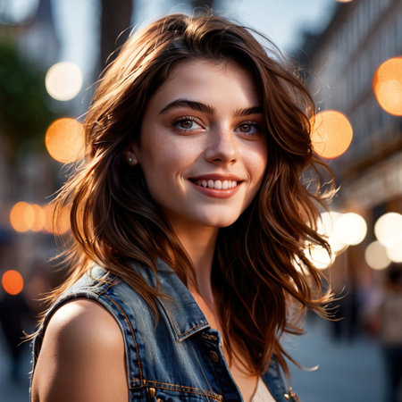 Smiling friendly woman wearing Vest , article of clothing fashionの素材