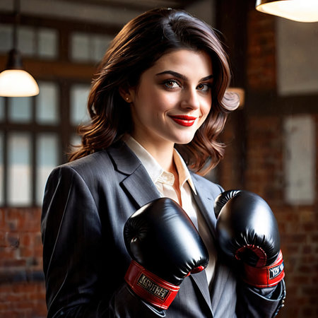 Businesswoman professional boxing, showing combative and competitive businessの素材