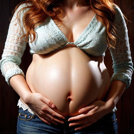 Young pregnant woman holding bellyの素材