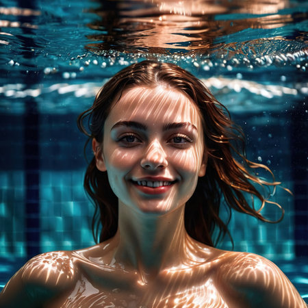 Smiling athletic woman doing Artistic Swimming exercise sport activityの素材