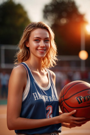 Smiling athletic woman doing Basketball exercise sport activityの素材