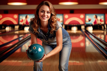 Smiling athletic woman doing Bowling exercise sport activityの素材