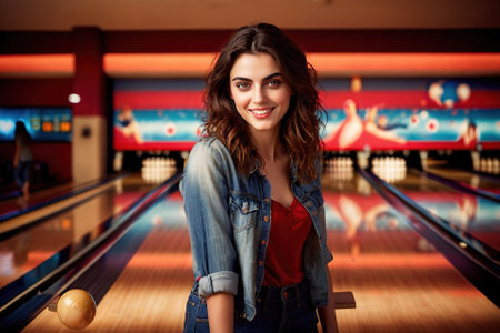 Smiling athletic woman doing Bowling exercise sport activityの素材