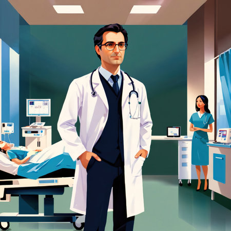 Medical doctor in medical coat standing in hospital, clipart illustrationの素材