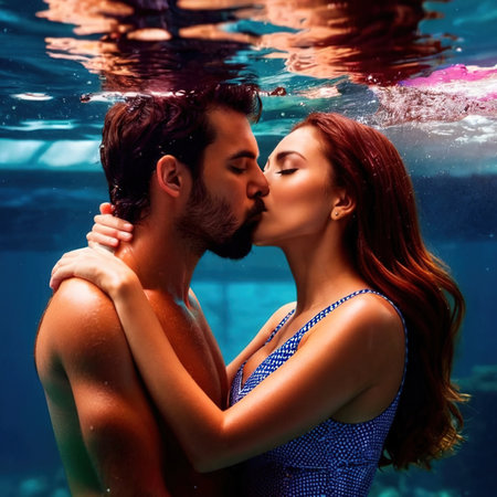 Man and woman kissing underwater, romantic love affection while very wetの素材