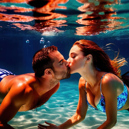Man and woman kissing underwater, romantic love affection while very wetの素材