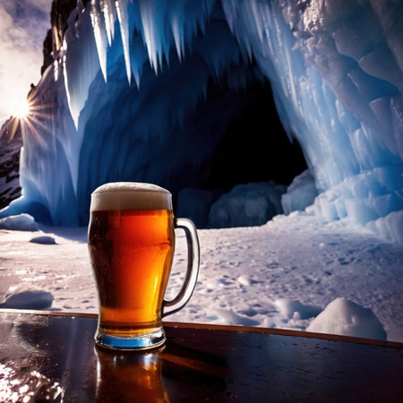 Pint of cold beer in blue ice frozen cave, advertising product promo photoの素材