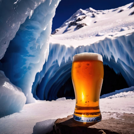 Pint of cold beer in blue ice frozen cave, advertising product promo photoの素材
