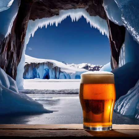 Pint of cold beer in blue ice frozen cave, advertising product promo photoの素材