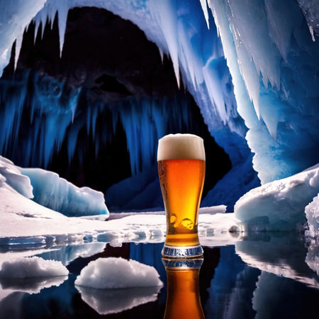 Pint of cold beer in blue ice frozen cave, advertising product promo photoの素材