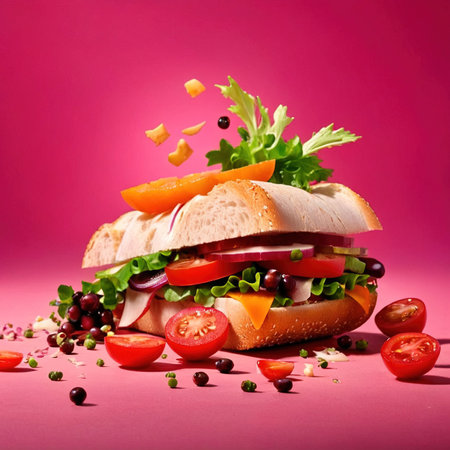 Sandwich with ham and cheese, dynamic food photoの素材