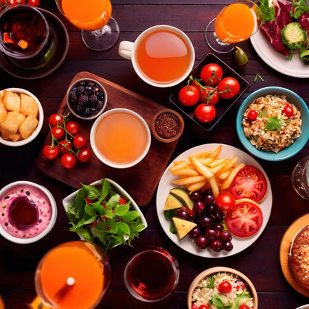 Table with a variety of food and drink, buffet smorgasbord potluck meal assortmentの素材