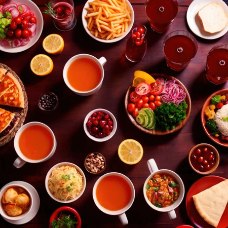 Table with a variety of food and drink, buffet smorgasbord potluck meal assortmentの素材