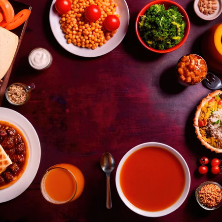 Table with a variety of food and drink, buffet smorgasbord potluck meal assortmentの素材