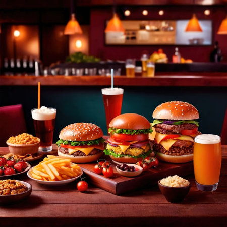 Table with a variety of food and drink, buffet smorgasbord potluck meal assortmentの素材