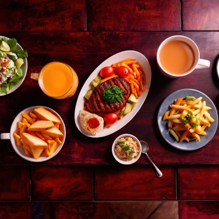 Table with a variety of food and drink, buffet smorgasbord potluck meal assortmentの素材