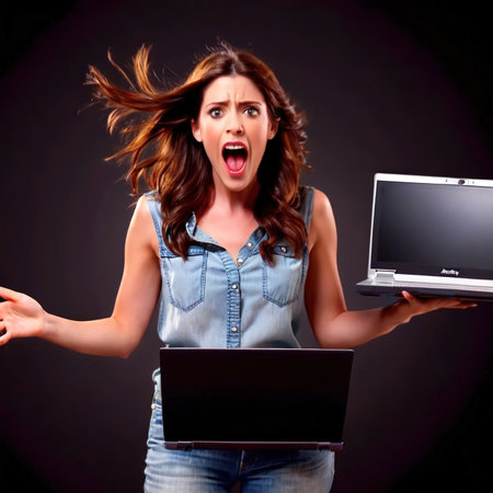 Screaming upset shocked melodramatic woman holding laptop computerの素材